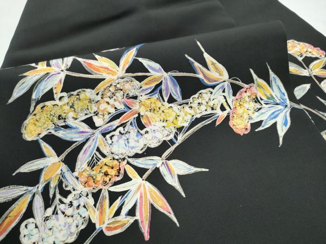 平和屋着物●塩瀬 九寸名古屋帯 ろうけつ染 枝葉文 黒地 金彩 正絹 逸品 CABE4599hy
