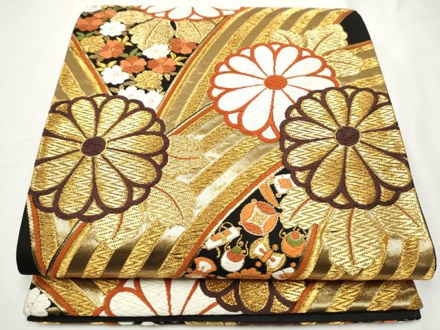 平和屋着物●西陣 河合美術織物謹製 六通柄袋帯 唐織 宝尽くし花文 黒地 金糸 正絹 逸品 CABE4603hy