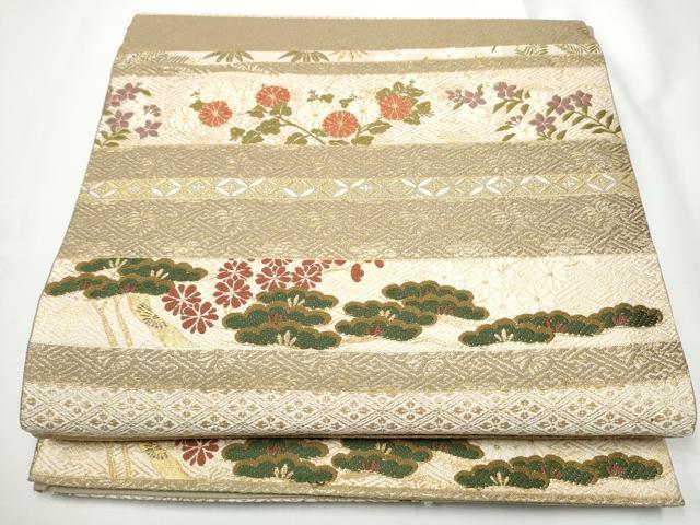 平和屋着物○六通柄袋帯 唐織 横段花文 金糸 正絹 逸品
