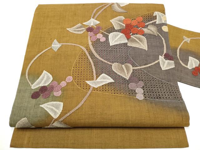 平和屋着物●中国三大刺繍 スワトウ相良刺繍 総刺繍 九寸名古屋帯 紬地 葡萄蔦の葉文 正絹 逸品 CABE4654hy