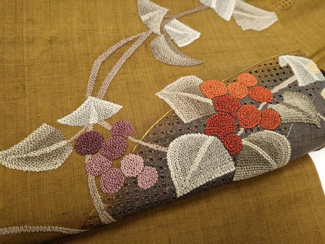 平和屋着物●中国三大刺繍 スワトウ相良刺繍 総刺繍 九寸名古屋帯 紬地 葡萄蔦の葉文 正絹 逸品 CABE4654hy