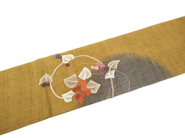 平和屋着物●中国三大刺繍 スワトウ相良刺繍 総刺繍 九寸名古屋帯 紬地 葡萄蔦の葉文 正絹 逸品 CABE4654hy