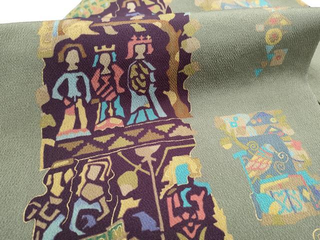 平和屋着物●全通柄 九寸名古屋帯 型染め エジプト壁画文様 金彩 鬼しぼ縮緬 正絹 逸品 CABE4667hy