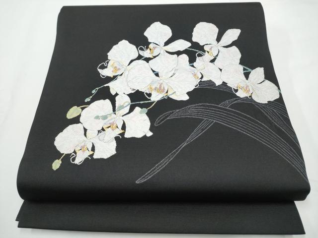 平和屋着物●西陣 とみや織物謹製 とみや帯 九寸開き名古屋帯 胡蝶蘭 黒地 金糸 正絹 逸品 CABE4668hy