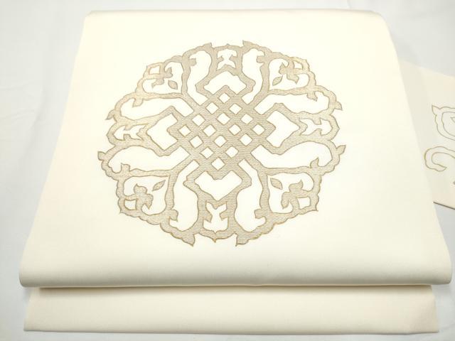 平和屋着物●塩瀬 九寸名古屋帯 竹屋町刺繍 幾何学花文 金彩 正絹 逸品 CABE4670hy