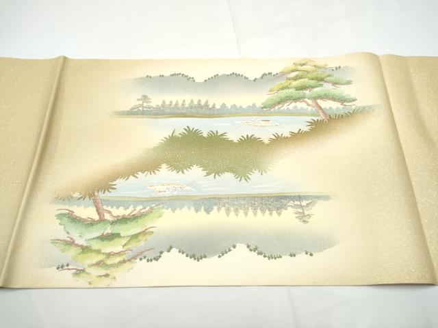 平和屋着物●塩瀬 九寸開き名古屋帯 友禅 作家物 風景文 正絹 逸品 CABE4690hy