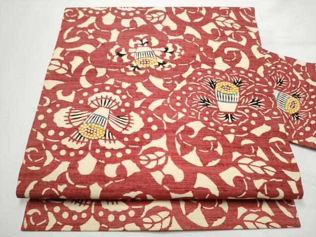 平和屋着物●全通柄　九寸名古屋帯　型染め　牡丹唐草文　正絹　逸品　CABE4693hy 平和屋着物○全通柄 九寸名古屋帯 型染め 牡丹唐草文