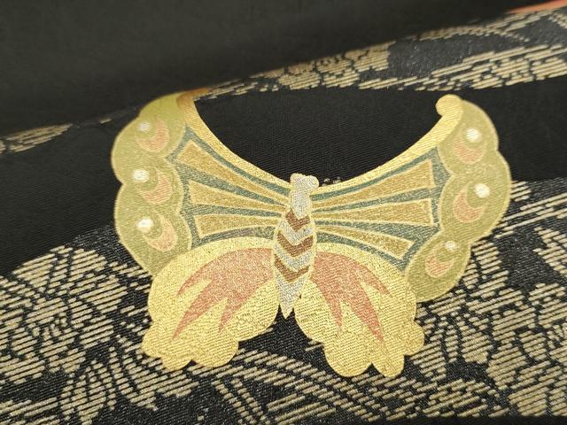 平和屋着物●岩井半四郎 歌舞伎役者 日本舞踊家 九寸名古屋帯 花蝶文 黒地 金彩 正絹 逸品 CABE4701hy