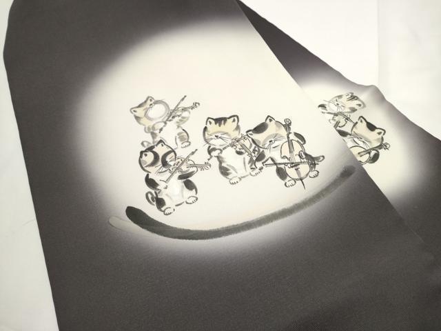 平和屋着物●塩瀬 九寸名古屋帯 手描き 猫 演奏 銀通し地 正絹 逸品 CABE4705hy