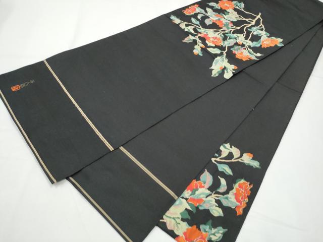 平和屋着物●洛風林 工芸帯地 六通柄 本袋帯 作家物 枝花文 黒地 金糸 正絹 逸品 CABE4728hy