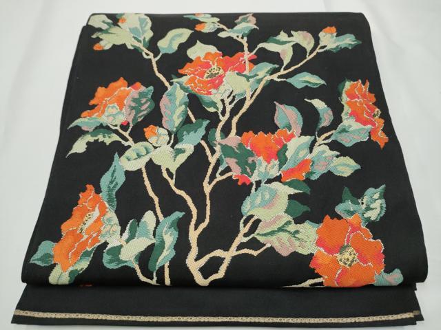 平和屋着物●洛風林 工芸帯地 六通柄 本袋帯 作家物 枝花文 黒地 金糸 正絹 逸品 CABE4728hy