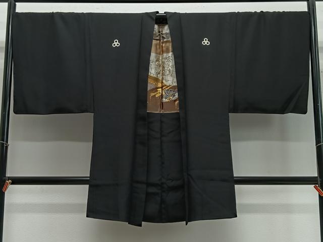 平和屋着物∞男性 長羽織 黒紋付 羽裏:器物文 正絹 逸品 CABE4832ua