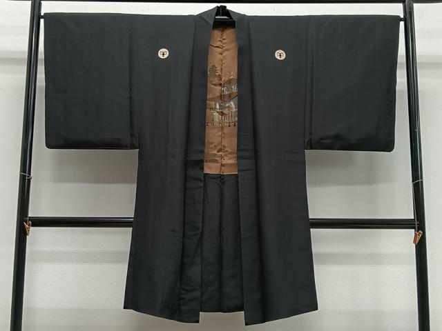 平和屋着物∞男性 長羽織 黒紋付 羽裏:風景文 正絹 逸品 CABE4833ua