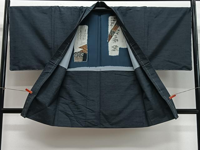 平和屋着物∞男性 長羽織 紬地 鉄御納戸色 正絹 逸品 CABE4869ua