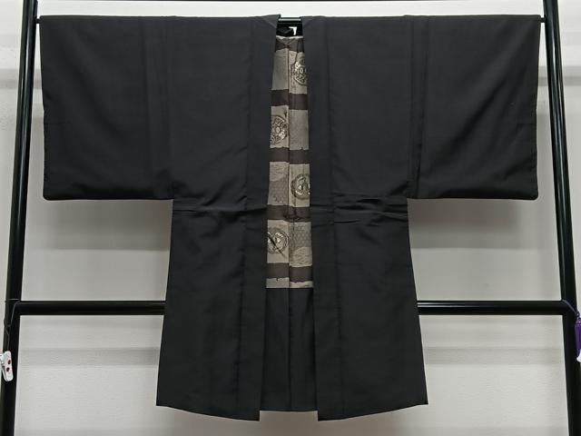 平和屋着物∞男性 長羽織 紬地 霞文 黒地 正絹 逸品 CABE4876ua
