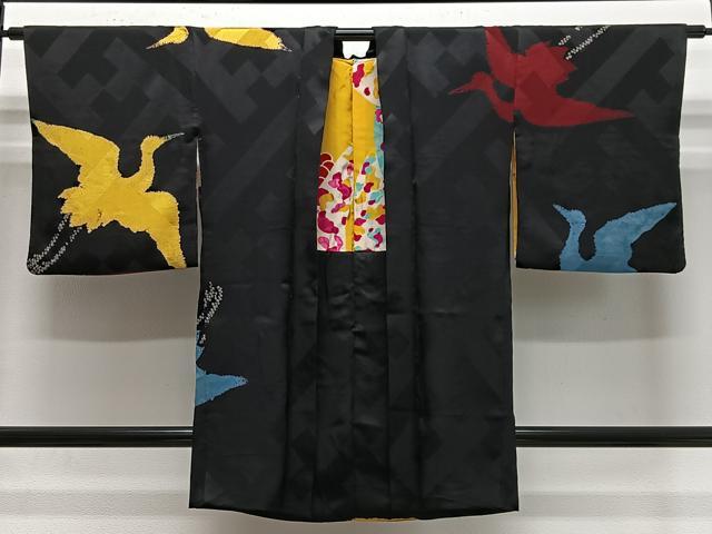 平和屋着物∞長羽織 刺繍 絞り 飛鶴文 黒地 金銀糸 正絹 逸品 CABE4911ua