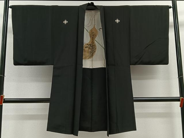 平和屋着物∞男性 長羽織 黒紋付 羽裏:瓢箪 正絹 逸品 CABE4957ua
