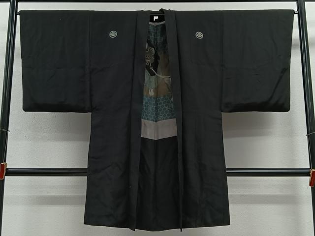 平和屋着物#男性 長羽織 黒紋付 羽裏:人物文 正絹 逸品 CABE4959ua