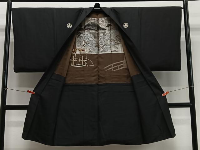 平和屋着物∞男性 長羽織 黒紋付 羽裏:風景文 正絹 逸品 CABE4997ua