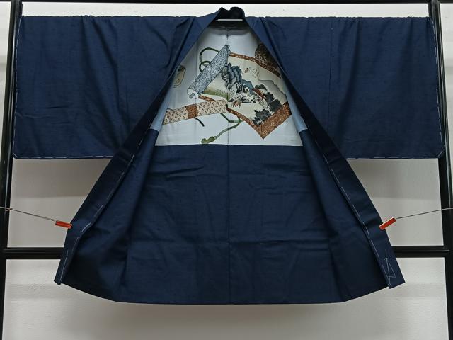 平和屋着物∞男性 長羽織 紬地 濃藍色 キングサイズ 正絹 逸品 未使用 CABE4999ua