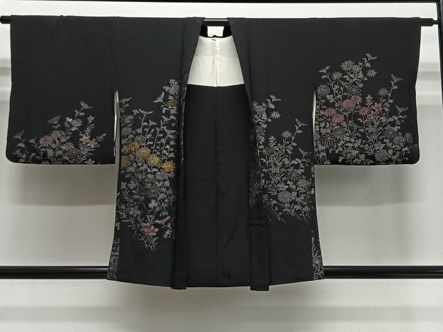 平和屋着物#羽織 寿光織 草花文 黒地 金糸 正絹 逸品 CABE5072ua
