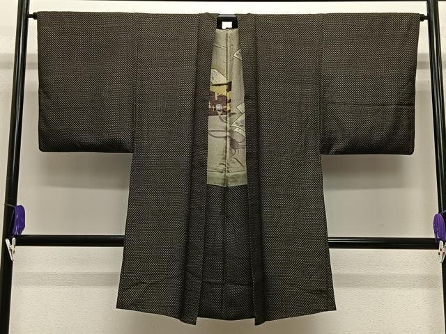 平和屋着物∞男性 長羽織 紬地 幾何学文 正絹 逸品 CABE5104ua