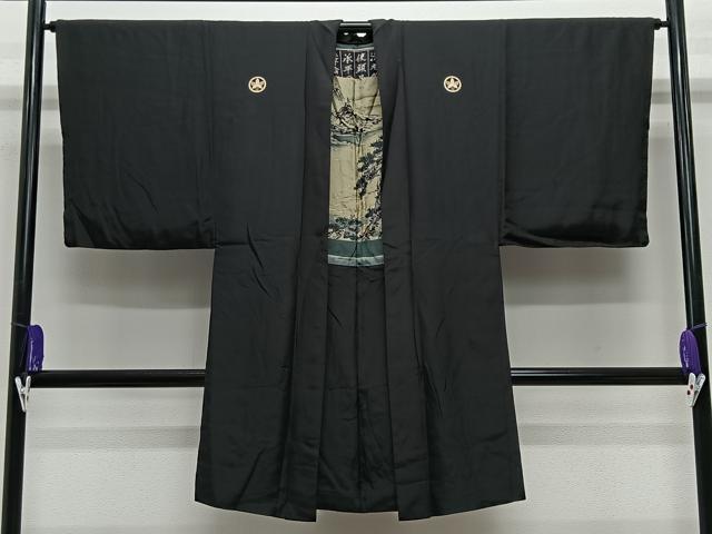 平和屋着物∞男性 長羽織 黒紋付 羽裏:風景文 正絹 逸品 CABE5105ua