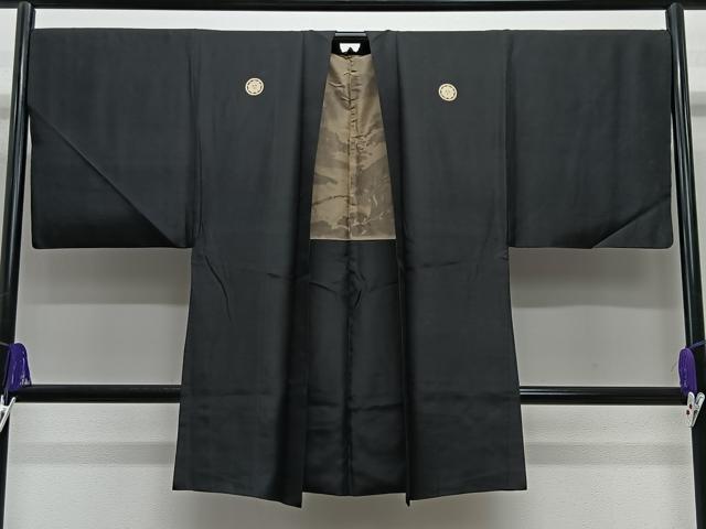 平和屋着物∞男性 長羽織 黒紋付 羽裏:人物風景文 正絹 逸品 CABE5109ua