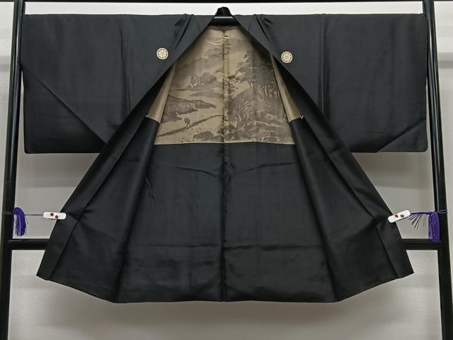 平和屋着物∞男性 長羽織 黒紋付 羽裏:人物風景文 正絹 逸品 CABE5109ua