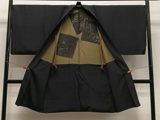 平和屋着物∞男性 長羽織 紬地 黒色 正絹 逸品 CABE5131ua