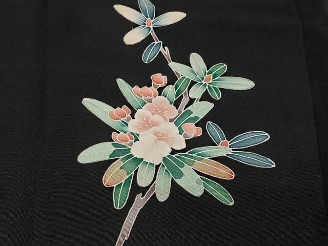 平和屋着物#羽織 枝花文 黒地 正絹 逸品 CABE5162ua