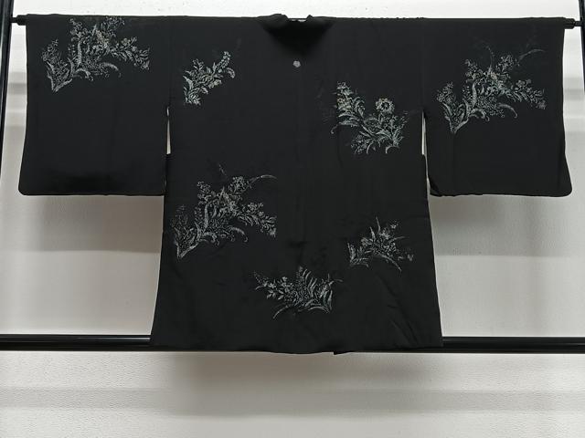 平和屋着物#羽織 寿光織 草花文 黒地 銀糸 正絹 逸品 CABE5170ua