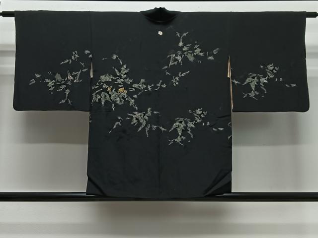 平和屋着物#羽織 寿光織 枝花文 黒地 金糸 正絹 逸品 CABE5174ua