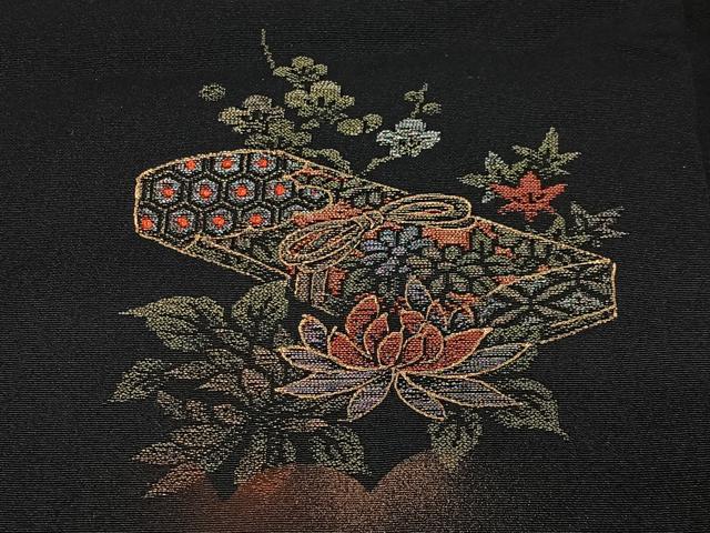 平和屋着物#羽織 寿光織 文箱花文 黒地 金糸 正絹 逸品 CABE5179ua