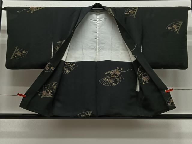 平和屋着物#羽織 寿光織 檜扇花文 黒地 銀糸 正絹 逸品 CABE5181ua