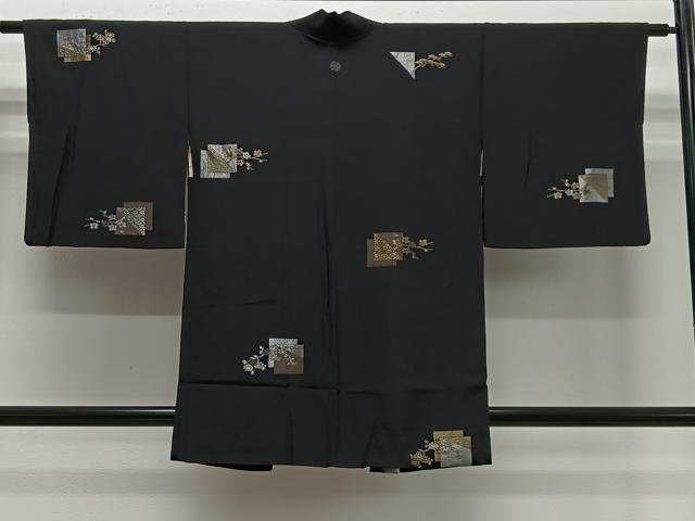 平和屋着物#羽織 寿光織 色紙花文 黒地 銀糸 正絹 逸品 CABE5182ua