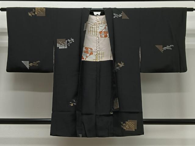 平和屋着物#羽織 寿光織 色紙花文 黒地 銀糸 正絹 逸品 CABE5182ua