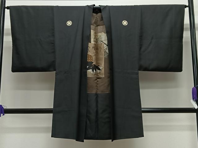 平和屋着物#男性 長羽織 黒紋付 黒地 正絹 逸品 CABE5187ua