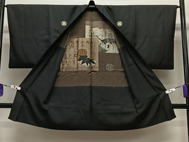 平和屋着物#男性 長羽織 黒紋付 黒地 正絹 逸品 CABE5187ua