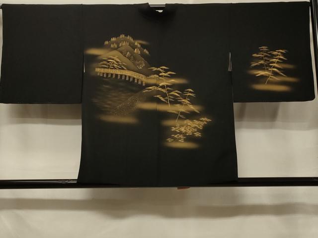 平和屋着物#羽織 風景枝葉文 暈し染め 黒地 金彩 正絹 逸品 未使用 CABE5297in