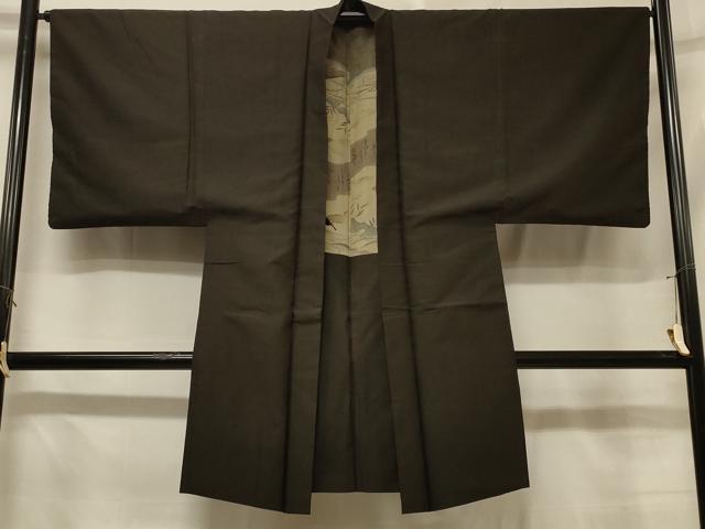 平和屋着物#男性 長羽織 紬地 霞文 涅色 正絹 逸品 CABE5314in
