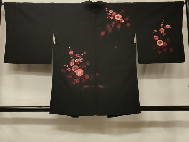 平和屋着物#羽織 駒刺繍 総刺繍 流水草花文 黒地 正絹 逸品 CABE5323in
