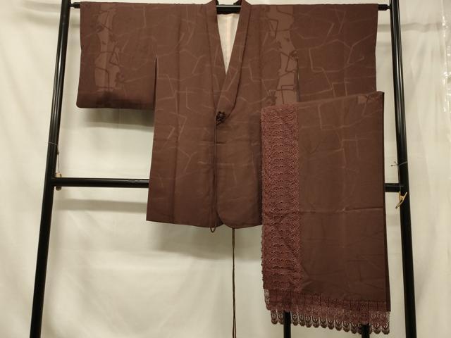 平和屋着物#道中着 幾何学地紋 赤褐色 さが美扱い ショール付き ロング丈 正絹 逸品 CABE5341in