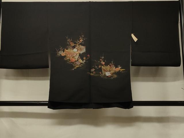 平和屋着物#羽織 仮絵羽 寿光織 糸巻き草花文 黒地 金銀糸 正絹 逸品 未使用 CABE5357in