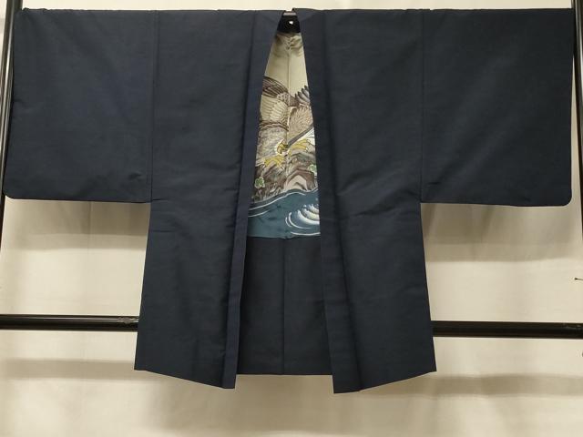 平和屋着物#男性 羽織 紬地 霞文 青藍色 羽裏:鷹 正絹 逸品 CABE5469in