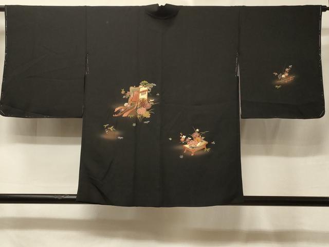 平和屋着物#羽織 御所車花文 暈し染め 黒地 金彩 正絹 逸品 未使用 CABE5579in