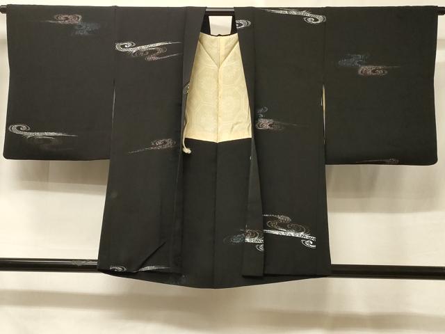 平和屋着物#羽織 寿光織 流水花文 黒地 銀糸 正絹 逸品 CABE5591in