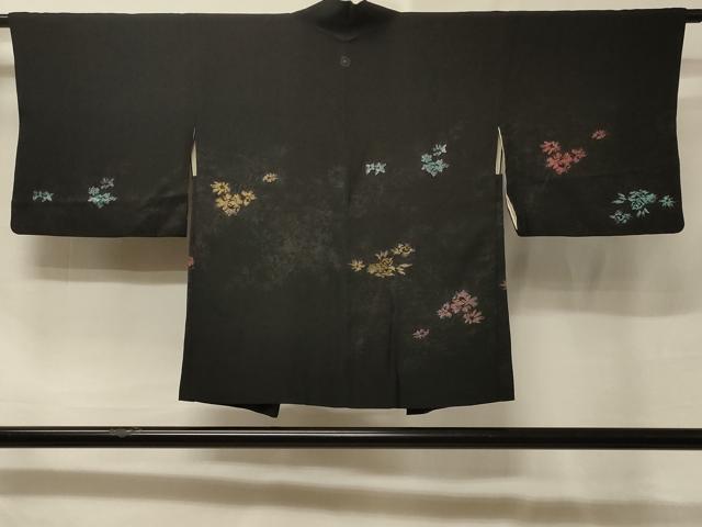 平和屋着物#羽織 寿光織 草花文 黒地 金糸 正絹 逸品 CABE5598in