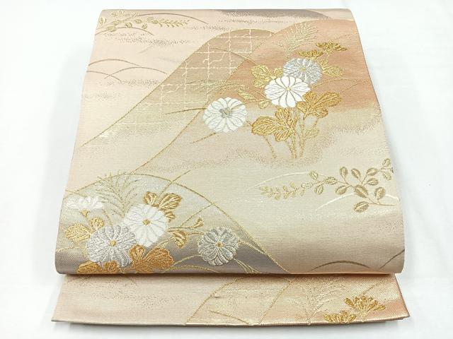 平和屋着物◎六通柄袋帯 遠山草花文 金銀糸 正絹 逸品 CABE5680nb