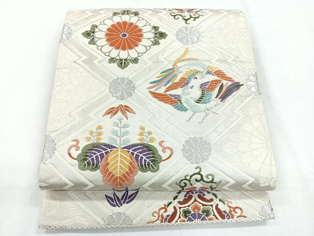 平和屋着物◎六通柄袋帯 唐織 松皮菱花鳥文 銀糸 正絹 逸品 CABE5759nb